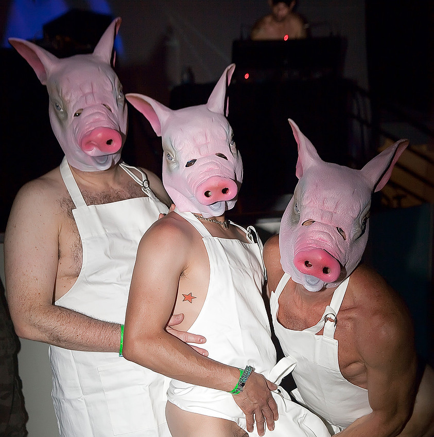 Three Little Piggies at the Pines Party in Fire Island Pines, captured by koitz Photography in a playful photograph from the iconic Fire Island celebration.