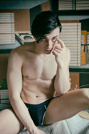 ortrait of a male model wearing underwear, photographed by koitz in a contemporary queer fine art style.