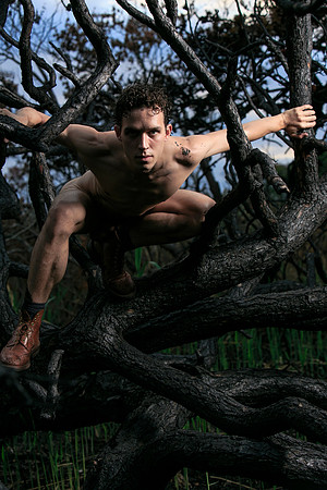 In this intimate photograph from Koitz’s The Meat Rack Series, Brock looks directly into the camera from within the charred landscape of Fire Island. Surrounded by burnt branches and blackened trees l
