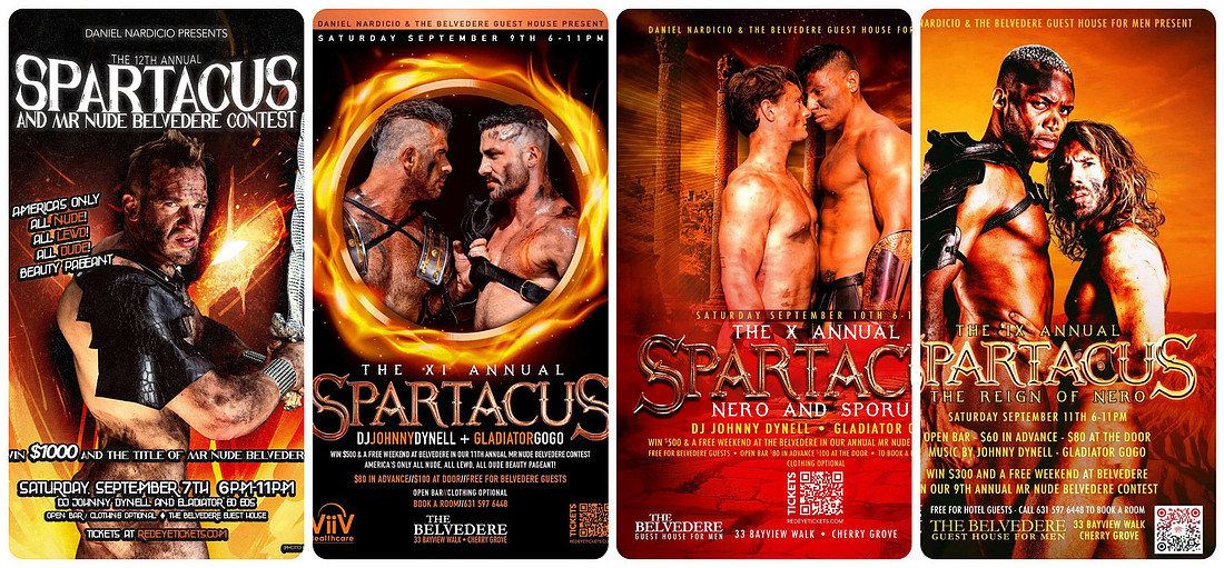 Several posters from Spartacus Party at the Belvedere Guest House is Fire Island’s big end-of-season LGBTQ+ party | koitz