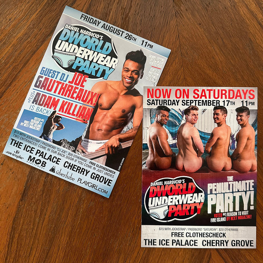 Flyers for DWorld Fire Island Underwear Party Summer of 2016