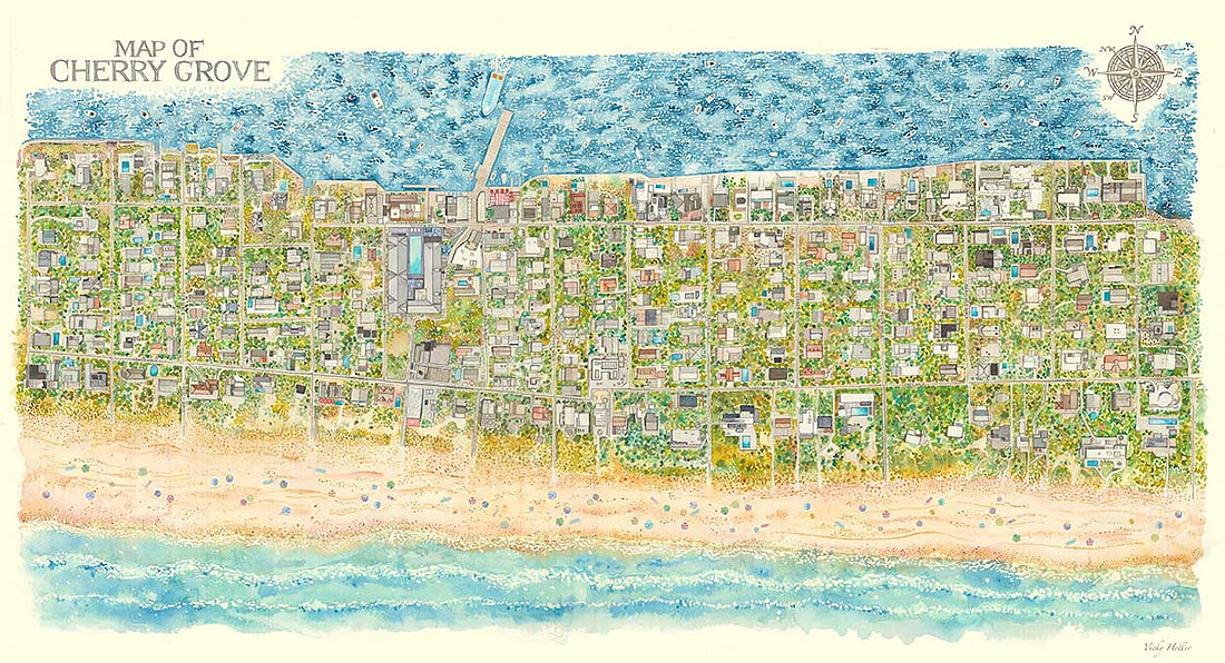 Cherry Grove Watercolor Map by artist Vicky Heller