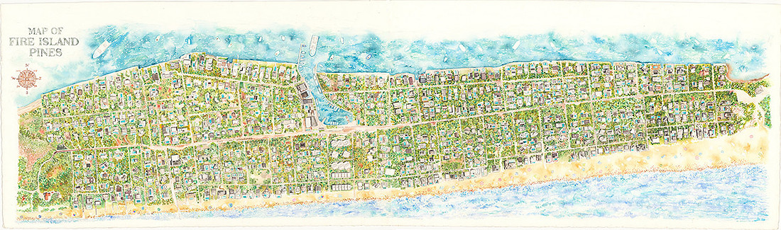 Fire Island Pines Watercolor Map by artist Vicky Heller